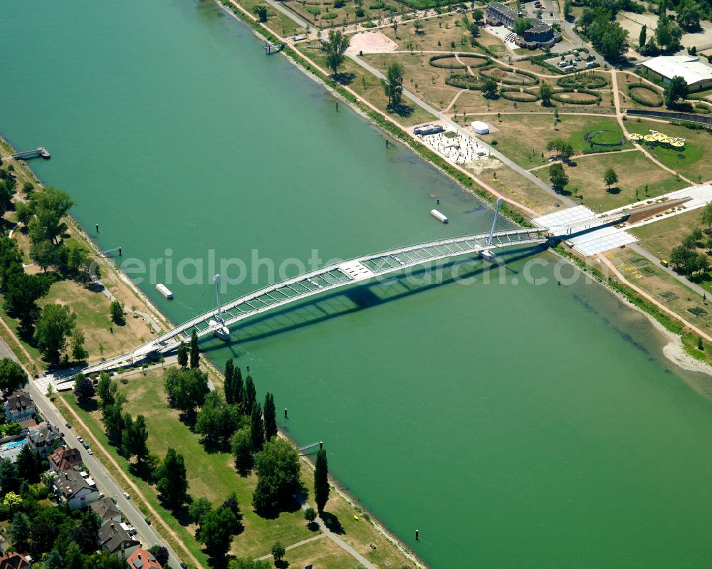 Kehl from above - River - bridge construction Bruecke of zwei Ufer Passerelle des Deux Rives in Kehl in the state Baden-Wuerttemberg, Germany