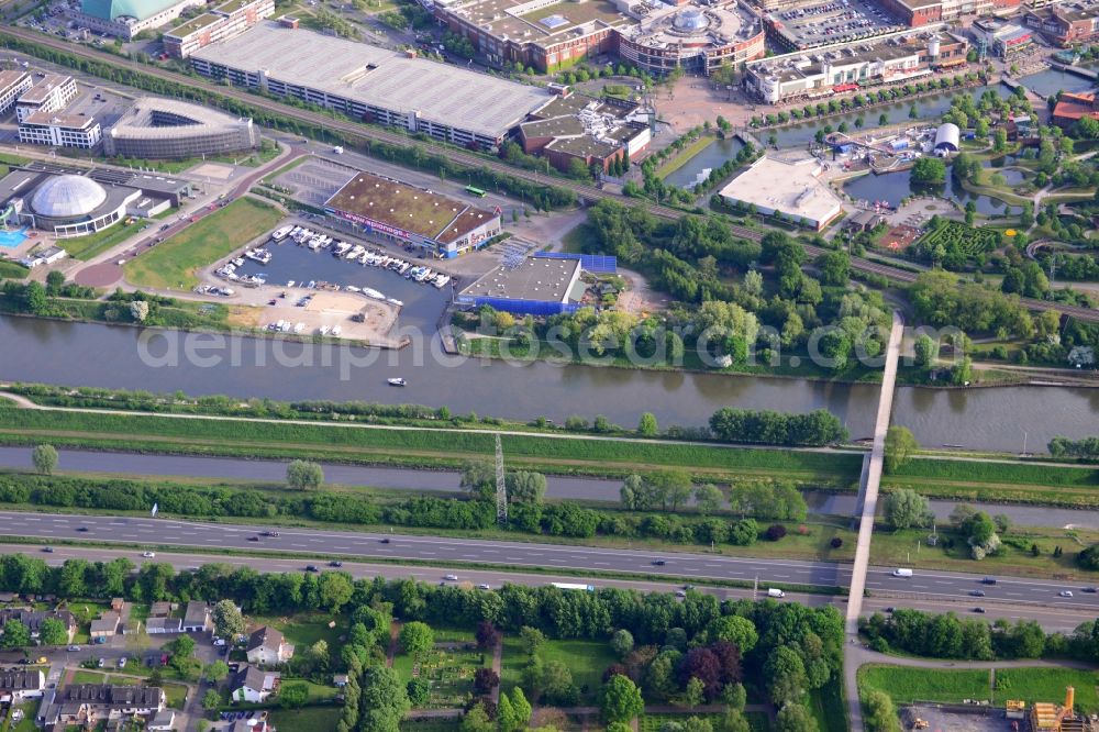 Oberhausen from above - View from north to south across the Rhine-Herne Canal with the Tausendfuessler bridge, a foot- and bisycle bridge, near by the marina and the funfair Legoland in Oberhausen in North Rhine-Westphalia