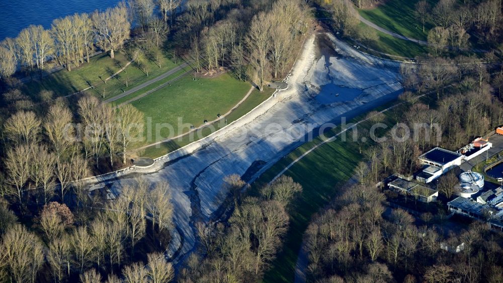 Bonn from above - Rheinaue in Bonn in the state North Rhine-Westphalia, Germany. Water is drained for sanitation and removal of sludge and algae