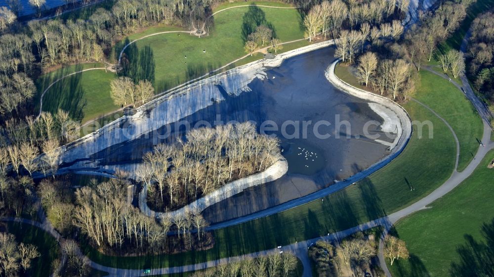 Aerial photograph Bonn - Rheinaue in Bonn in the state North Rhine-Westphalia, Germany. Water is drained for sanitation and removal of sludge and algae