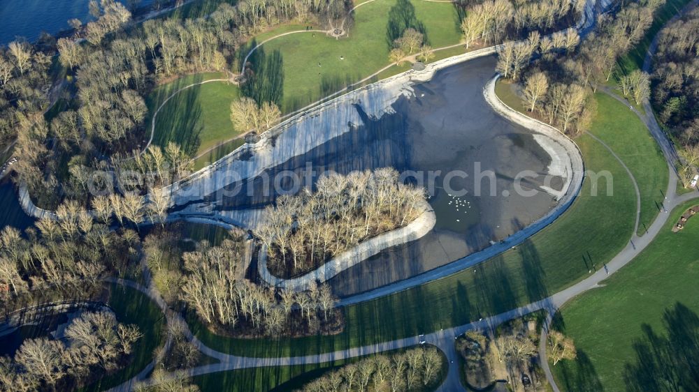 Bonn from the bird's eye view: Rheinaue in Bonn in the state North Rhine-Westphalia, Germany. Water is drained for sanitation and removal of sludge and algae