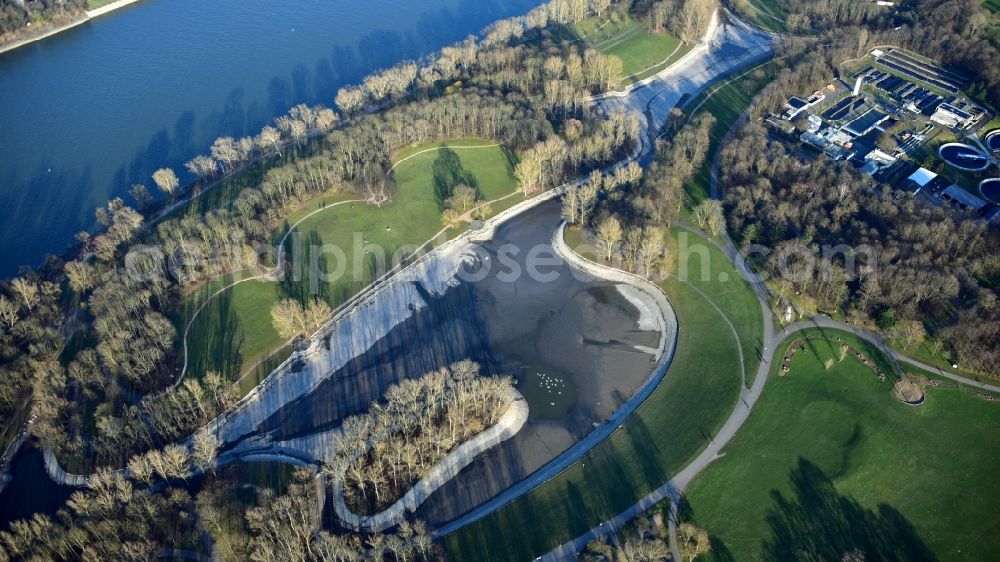 Aerial photograph Bonn - Rheinaue in Bonn in the state North Rhine-Westphalia, Germany. Water is drained for sanitation and removal of sludge and algae