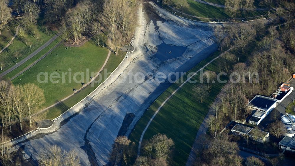 Bonn from above - Rheinaue in Bonn in the state North Rhine-Westphalia, Germany. Water is drained for sanitation and removal of sludge and algae