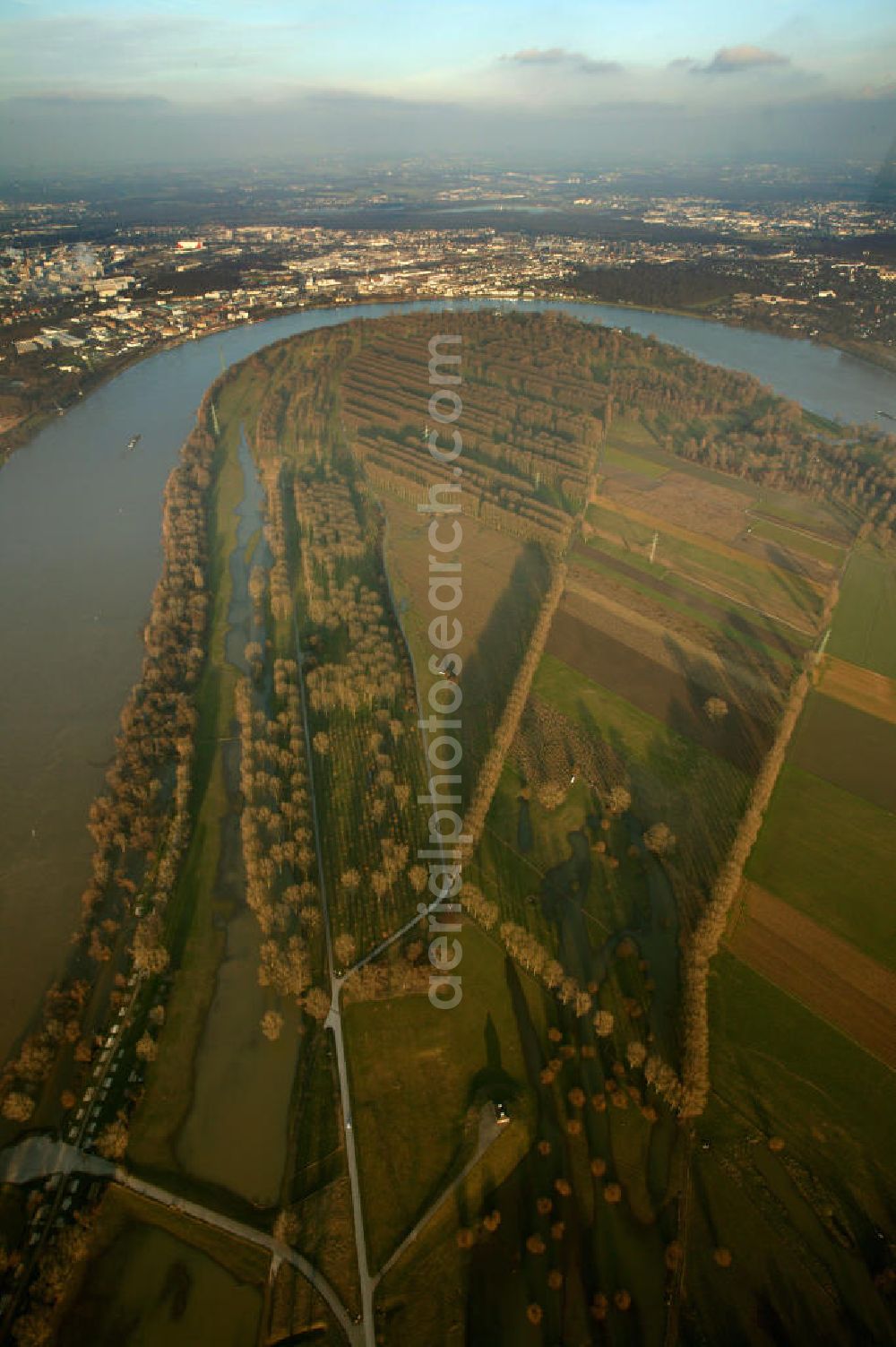 Dormagen from above - Blick auf die Rheinwiesen im Stadtteil Stuerzelberg.