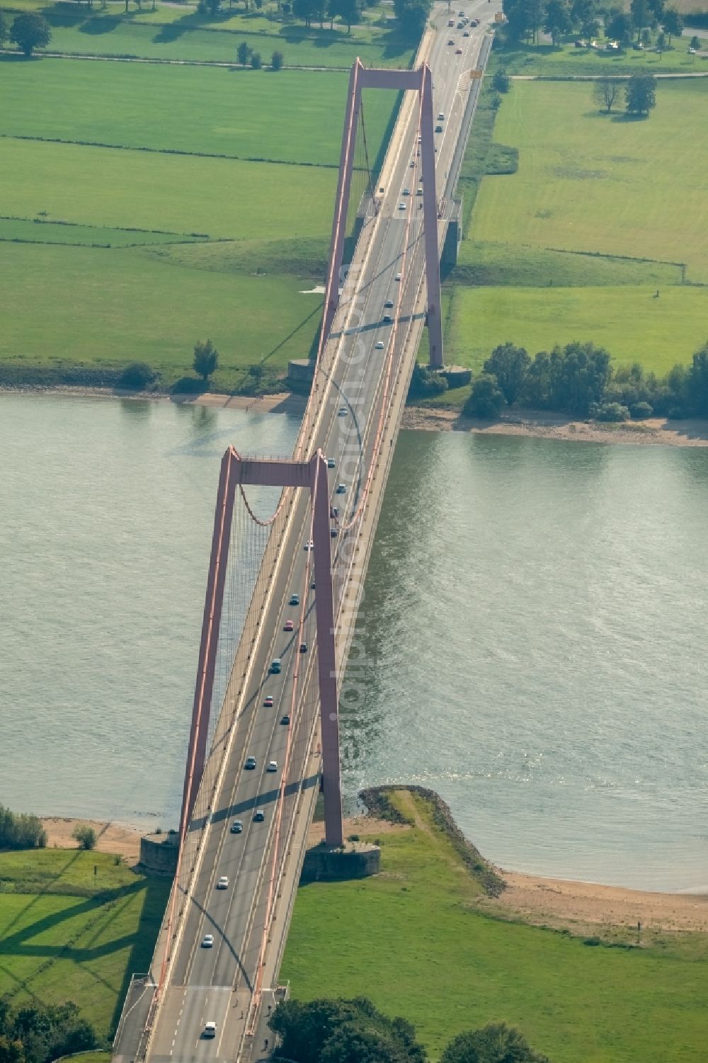 Emmerich from above - Bridge structure Rhine bridge Emmerich on the Rhine River along the federal road B 220 in North Rhine-Westphalia