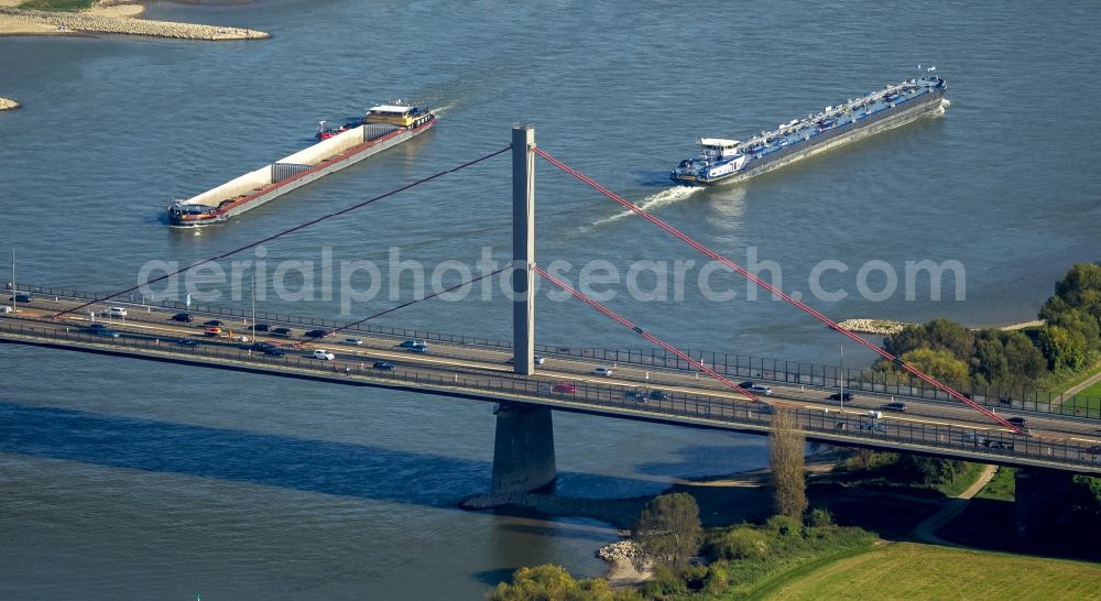 Leverkusen from the bird's eye view: Rhine Bridge - Highway bridge the BAB A1 - E37 in Wiesdorf district in Leverkusen in North Rhine-Westphalia