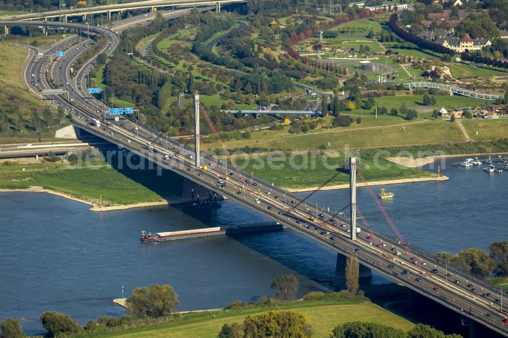 Aerial image Leverkusen - Rhine Bridge - Highway bridge the BAB A1 - E37 in Wiesdorf district in Leverkusen in North Rhine-Westphalia