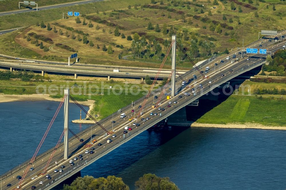 Aerial image Leverkusen - Rhine Bridge - Highway bridge the BAB A1 - E37 in Wiesdorf district in Leverkusen in North Rhine-Westphalia