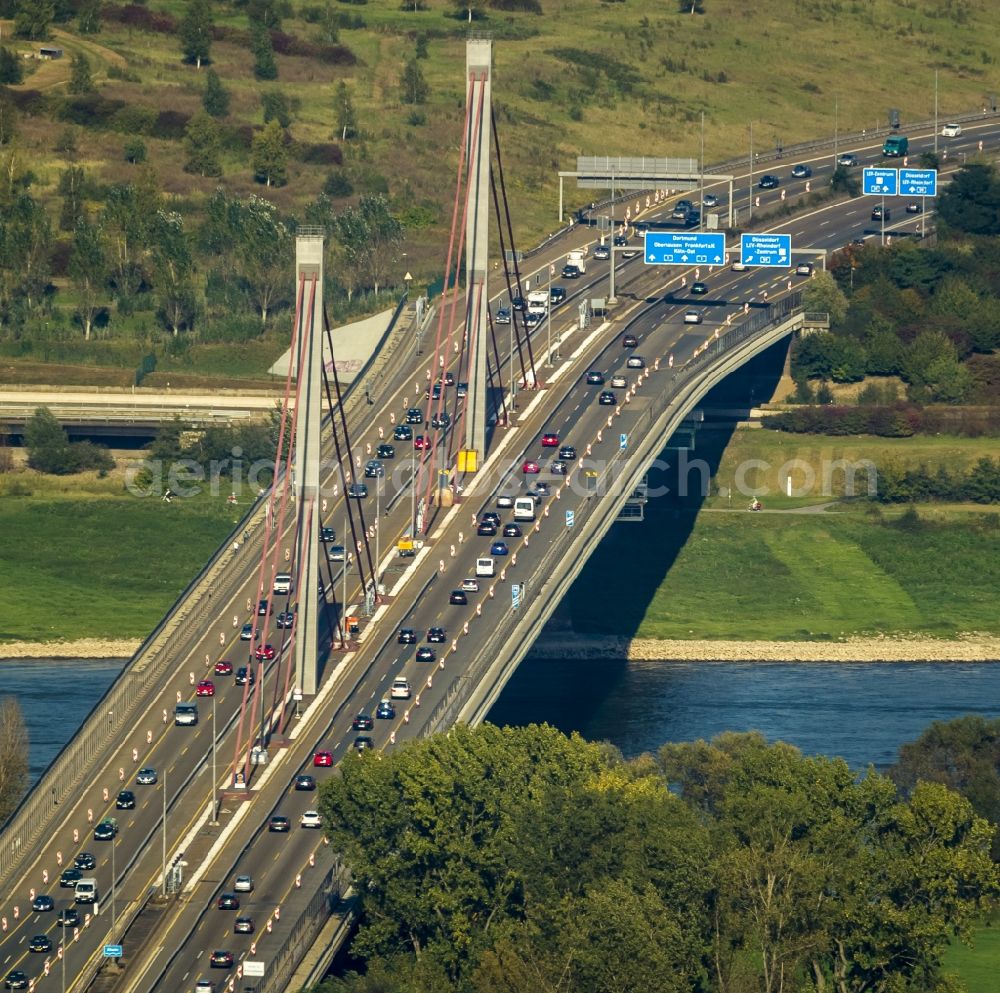 Leverkusen from above - Rhine Bridge - Highway bridge the BAB A1 - E37 in Wiesdorf district in Leverkusen in North Rhine-Westphalia