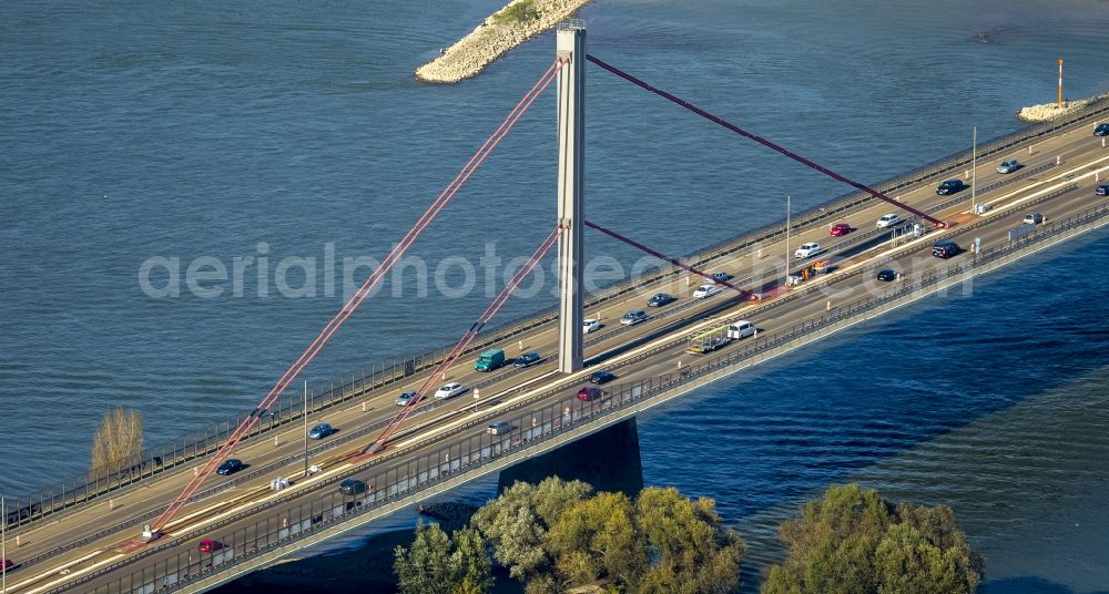 Aerial image Leverkusen - Rhine Bridge - Highway bridge the BAB A1 - E37 in Wiesdorf district in Leverkusen in North Rhine-Westphalia