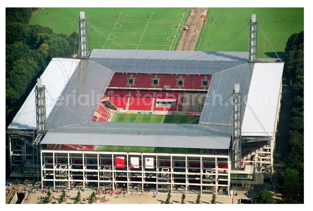 Aerial image Köln - View at the RheinEnergieStadium in the district Muengersdorf in Cologne in the federal state North Rhine-Westphalia. The RheinEnergieStadion is the home ground of the 1. FC Koeln. Owner is the Koelner Sportstaetten GmbH