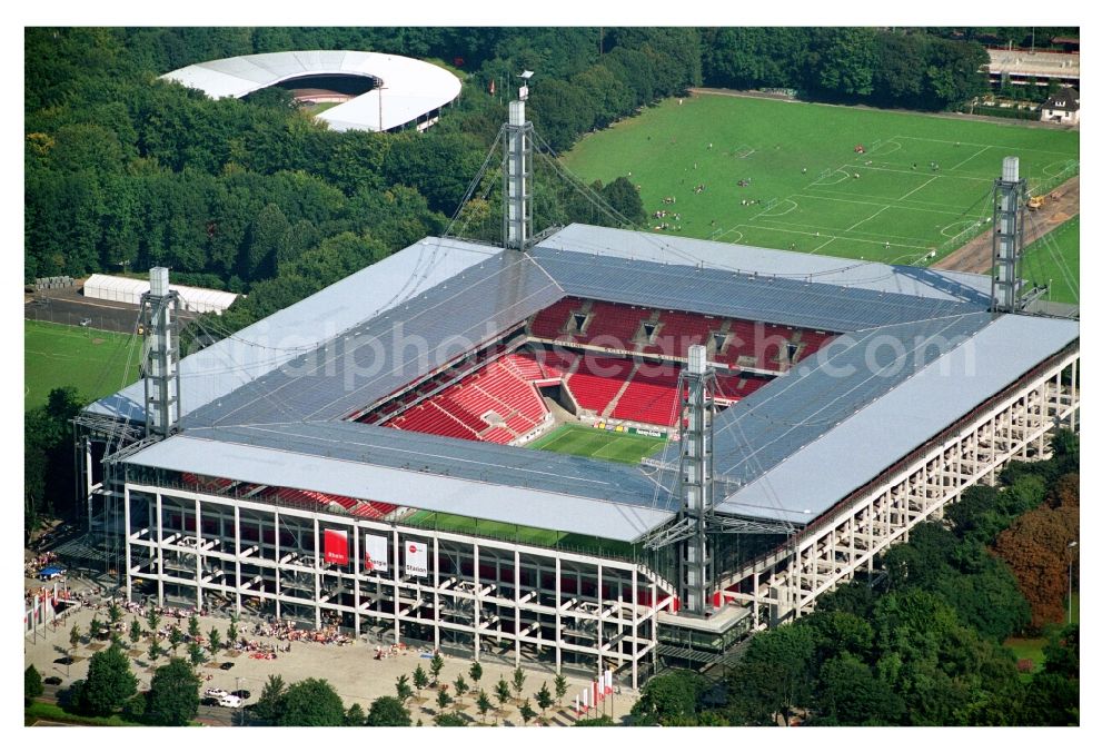 Aerial photograph Köln - View at the RheinEnergieStadium in the district Muengersdorf in Cologne in the federal state North Rhine-Westphalia. The RheinEnergieStadion is the home ground of the 1. FC Koeln. Owner is the Koelner Sportstaetten GmbH