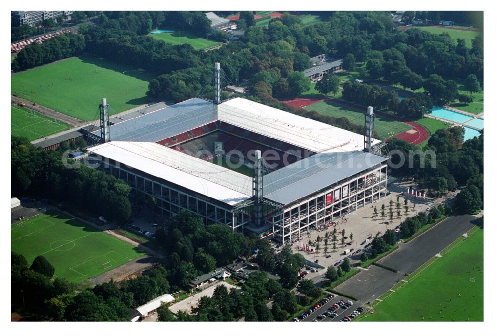 Köln from the bird's eye view: View at the RheinEnergieStadium in the district Muengersdorf in Cologne in the federal state North Rhine-Westphalia. The RheinEnergieStadion is the home ground of the 1. FC Koeln. Owner is the Koelner Sportstaetten GmbH