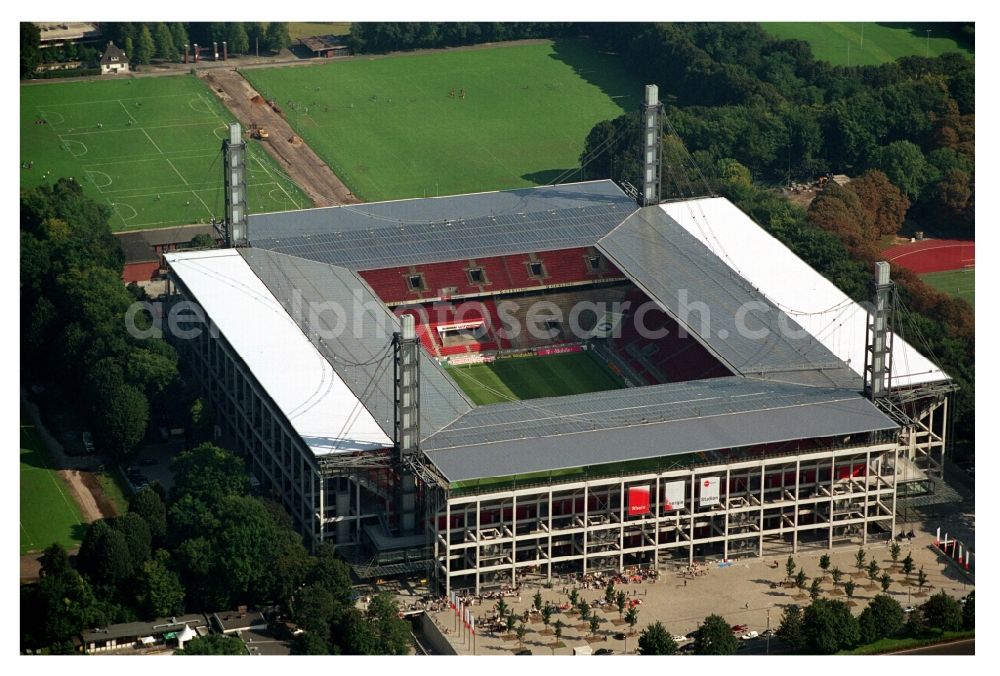 Aerial image Köln - View at the RheinEnergieStadium in the district Muengersdorf in Cologne in the federal state North Rhine-Westphalia. The RheinEnergieStadion is the home ground of the 1. FC Koeln. Owner is the Koelner Sportstaetten GmbH