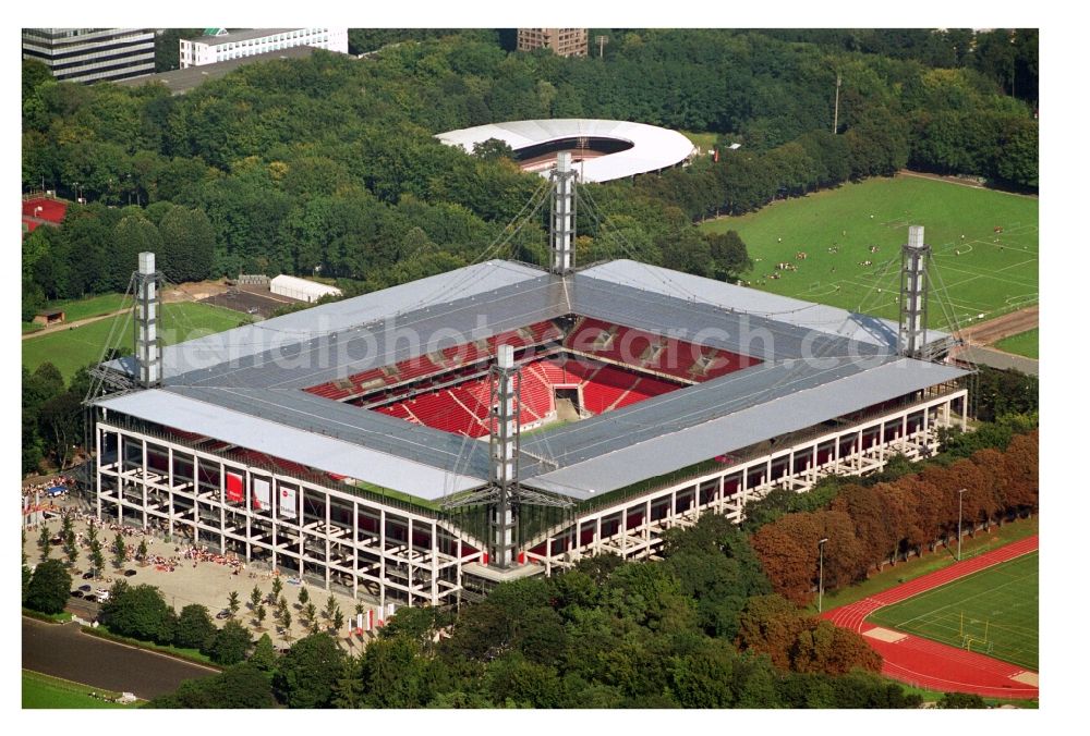 Aerial photograph Köln - View at the RheinEnergieStadium in the district Muengersdorf in Cologne in the federal state North Rhine-Westphalia. The RheinEnergieStadion is the home ground of the 1. FC Koeln. Owner is the Koelner Sportstaetten GmbH