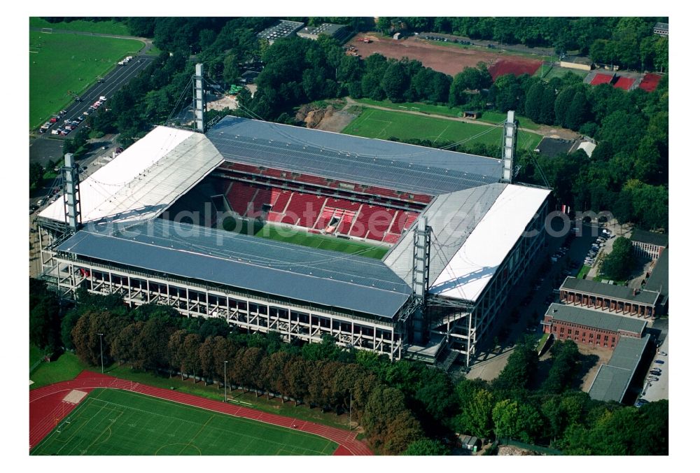 Köln from the bird's eye view: View at the RheinEnergieStadium in the district Muengersdorf in Cologne in the federal state North Rhine-Westphalia. The RheinEnergieStadion is the home ground of the 1. FC Koeln. Owner is the Koelner Sportstaetten GmbH