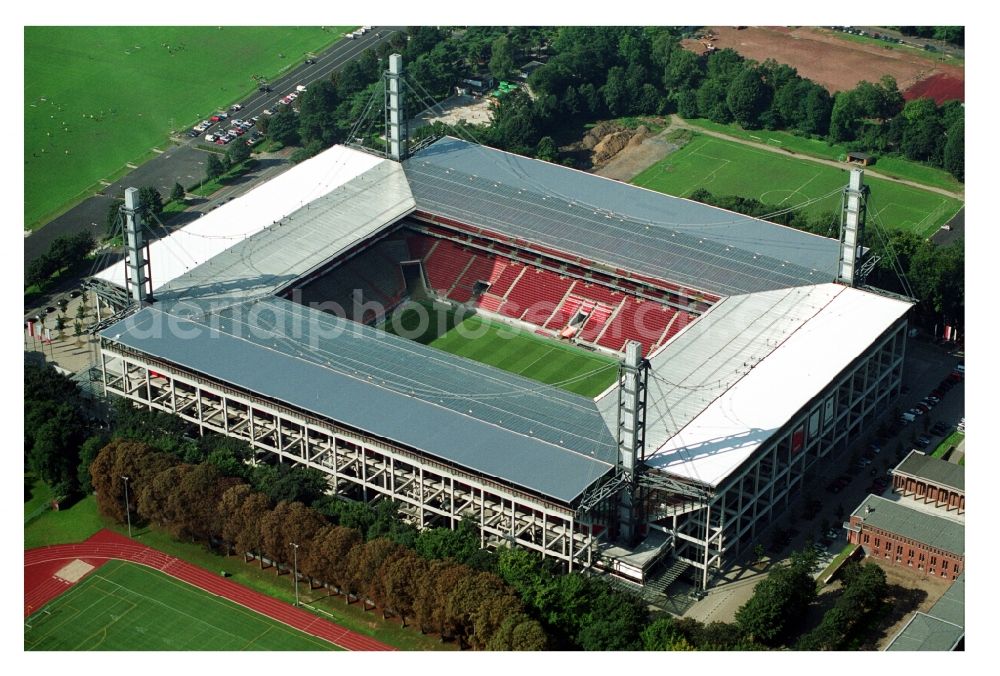 Aerial image Köln - View at the RheinEnergieStadium in the district Muengersdorf in Cologne in the federal state North Rhine-Westphalia. The RheinEnergieStadion is the home ground of the 1. FC Koeln. Owner is the Koelner Sportstaetten GmbH