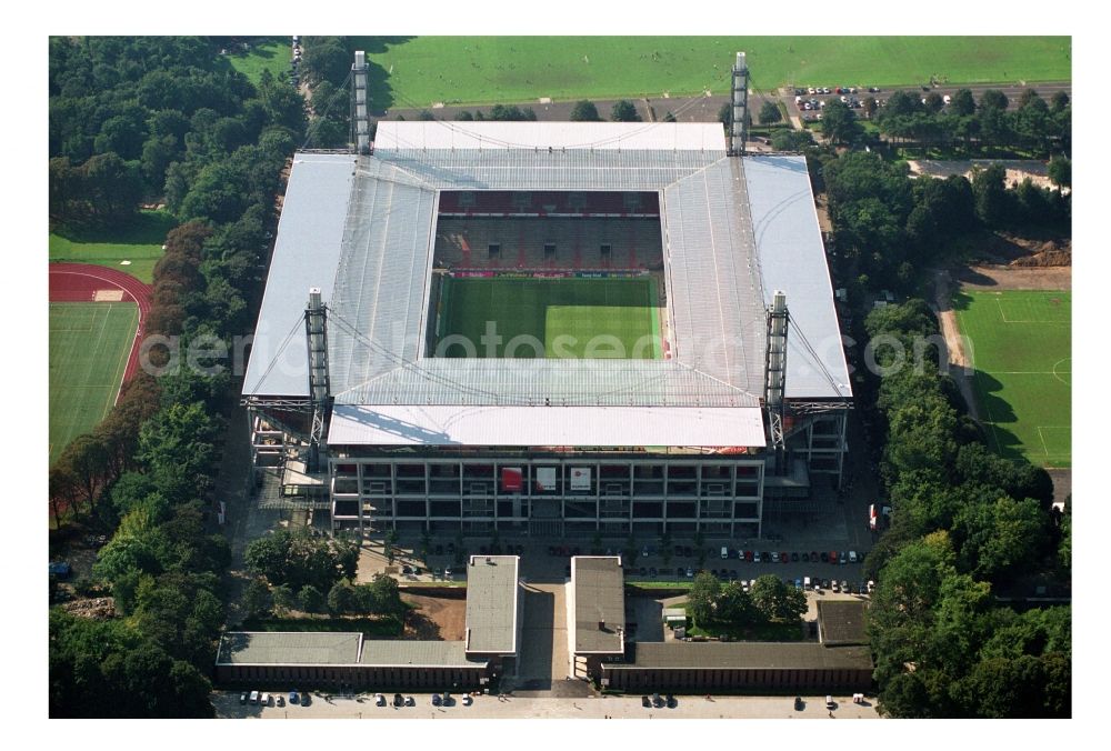 Aerial photograph Köln - View at the RheinEnergieStadium in the district Muengersdorf in Cologne in the federal state North Rhine-Westphalia. The RheinEnergieStadion is the home ground of the 1. FC Koeln. Owner is the Koelner Sportstaetten GmbH