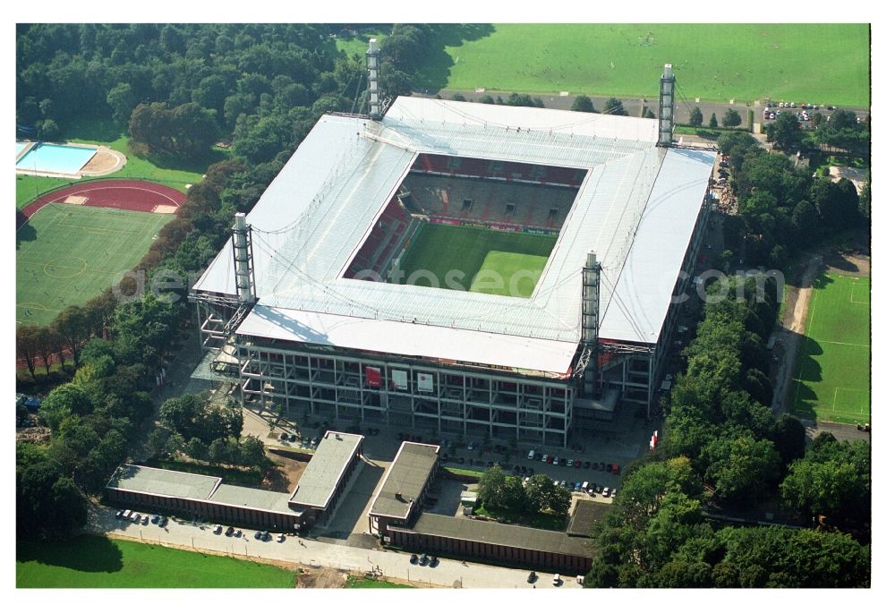 Köln from above - View at the RheinEnergieStadium in the district Muengersdorf in Cologne in the federal state North Rhine-Westphalia. The RheinEnergieStadion is the home ground of the 1. FC Koeln. Owner is the Koelner Sportstaetten GmbH