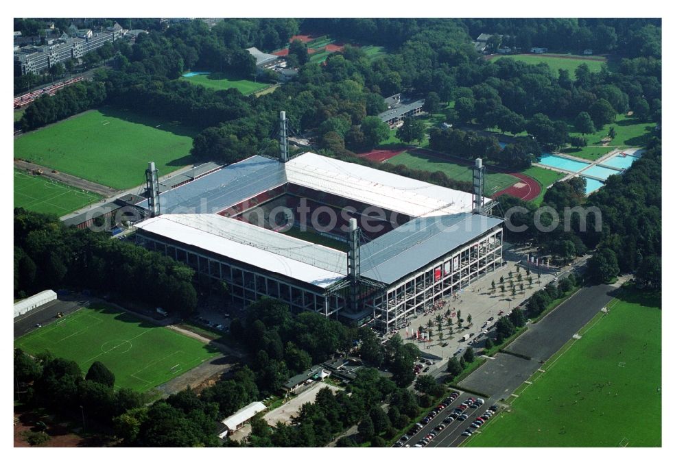 Aerial image Köln - View at the RheinEnergieStadium in the district Muengersdorf in Cologne in the federal state North Rhine-Westphalia. The RheinEnergieStadion is the home ground of the 1. FC Koeln. Owner is the Koelner Sportstaetten GmbH