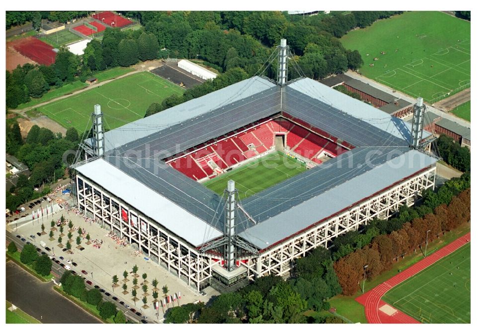 Köln from above - View at the RheinEnergieStadium in the district Muengersdorf in Cologne in the federal state North Rhine-Westphalia. The RheinEnergieStadion is the home ground of the 1. FC Koeln. Owner is the Koelner Sportstaetten GmbH