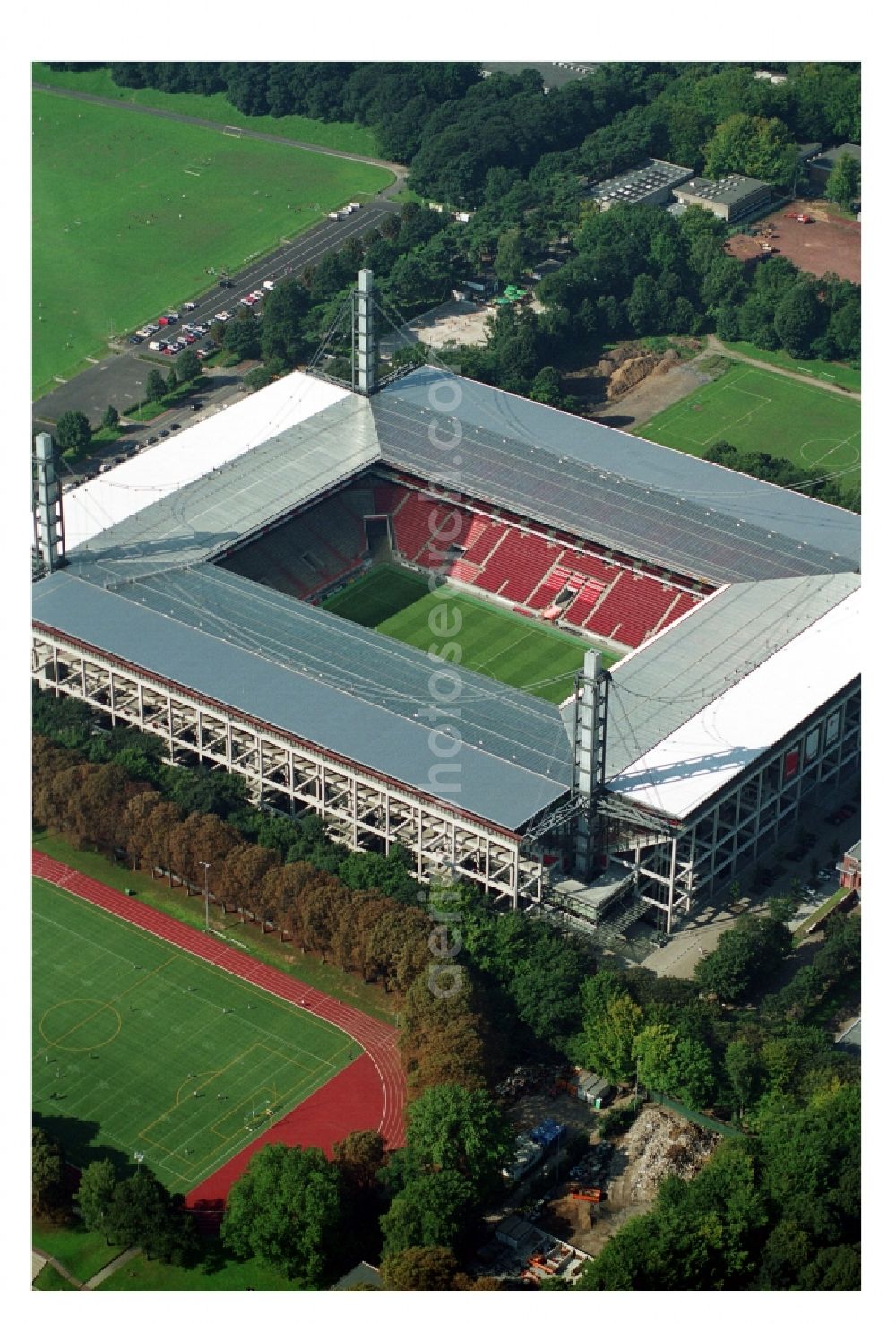 Aerial image Köln - View at the RheinEnergieStadium in the district Muengersdorf in Cologne in the federal state North Rhine-Westphalia. The RheinEnergieStadion is the home ground of the 1. FC Koeln. Owner is the Koelner Sportstaetten GmbH