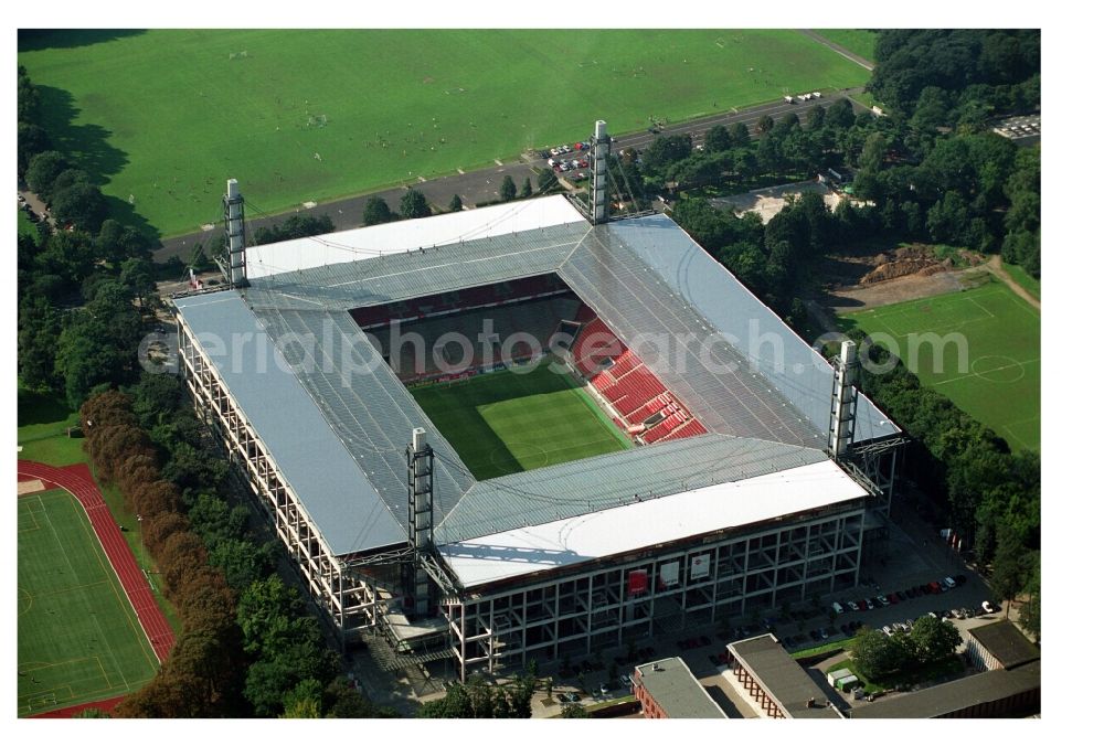 Aerial photograph Köln - View at the RheinEnergieStadium in the district Muengersdorf in Cologne in the federal state North Rhine-Westphalia. The RheinEnergieStadion is the home ground of the 1. FC Koeln. Owner is the Koelner Sportstaetten GmbH