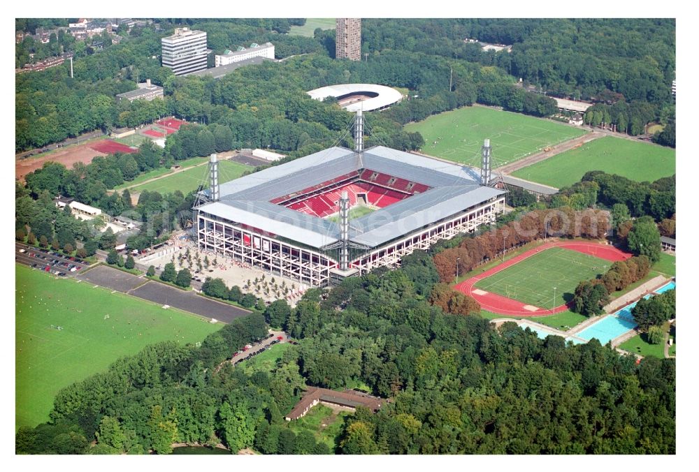 Köln from above - View at the RheinEnergieStadium in the district Muengersdorf in Cologne in the federal state North Rhine-Westphalia. The RheinEnergieStadion is the home ground of the 1. FC Koeln. Owner is the Koelner Sportstaetten GmbH