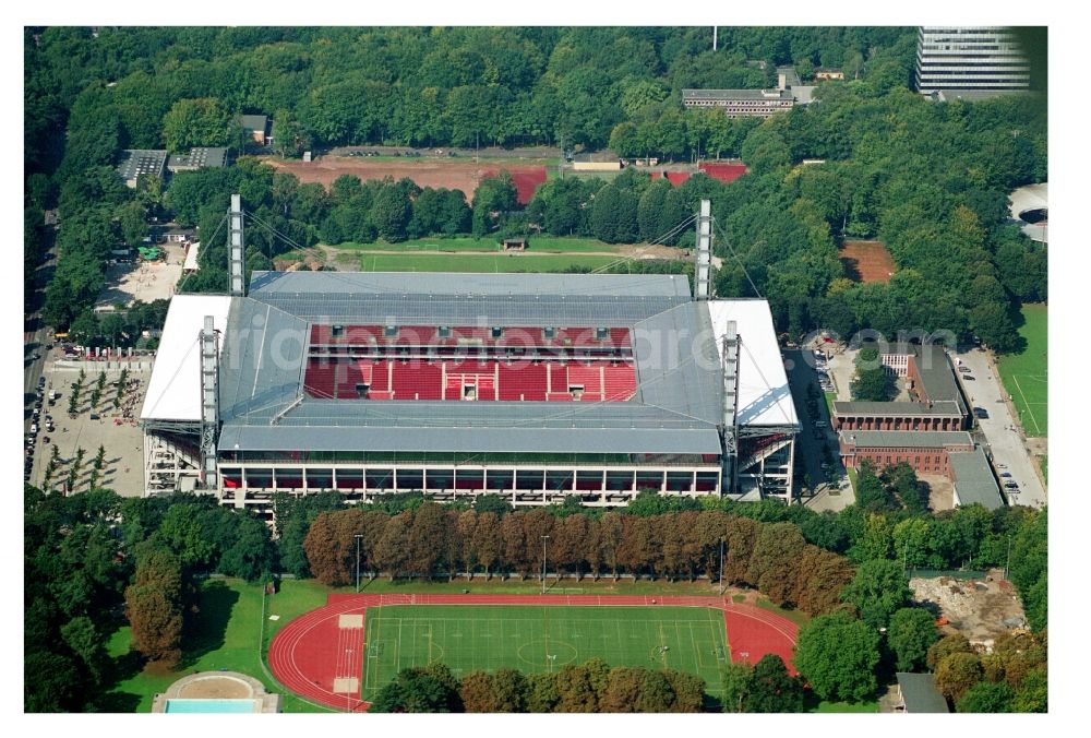 Köln from the bird's eye view: View at the RheinEnergieStadium in the district Muengersdorf in Cologne in the federal state North Rhine-Westphalia. The RheinEnergieStadion is the home ground of the 1. FC Koeln. Owner is the Koelner Sportstaetten GmbH