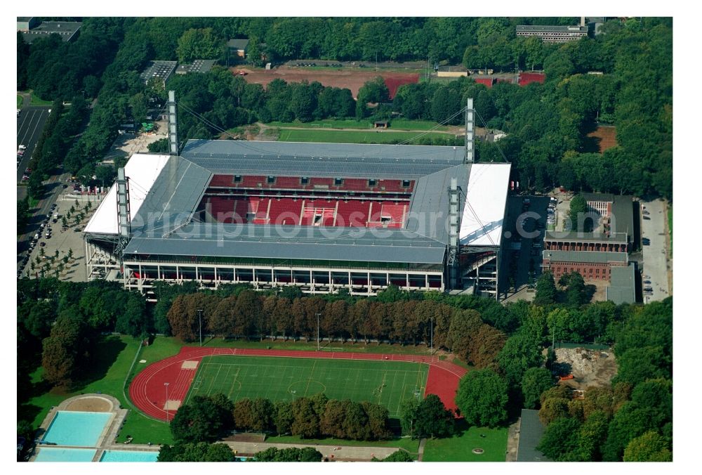 Aerial image Köln - View at the RheinEnergieStadium in the district Muengersdorf in Cologne in the federal state North Rhine-Westphalia. The RheinEnergieStadion is the home ground of the 1. FC Koeln. Owner is the Koelner Sportstaetten GmbH