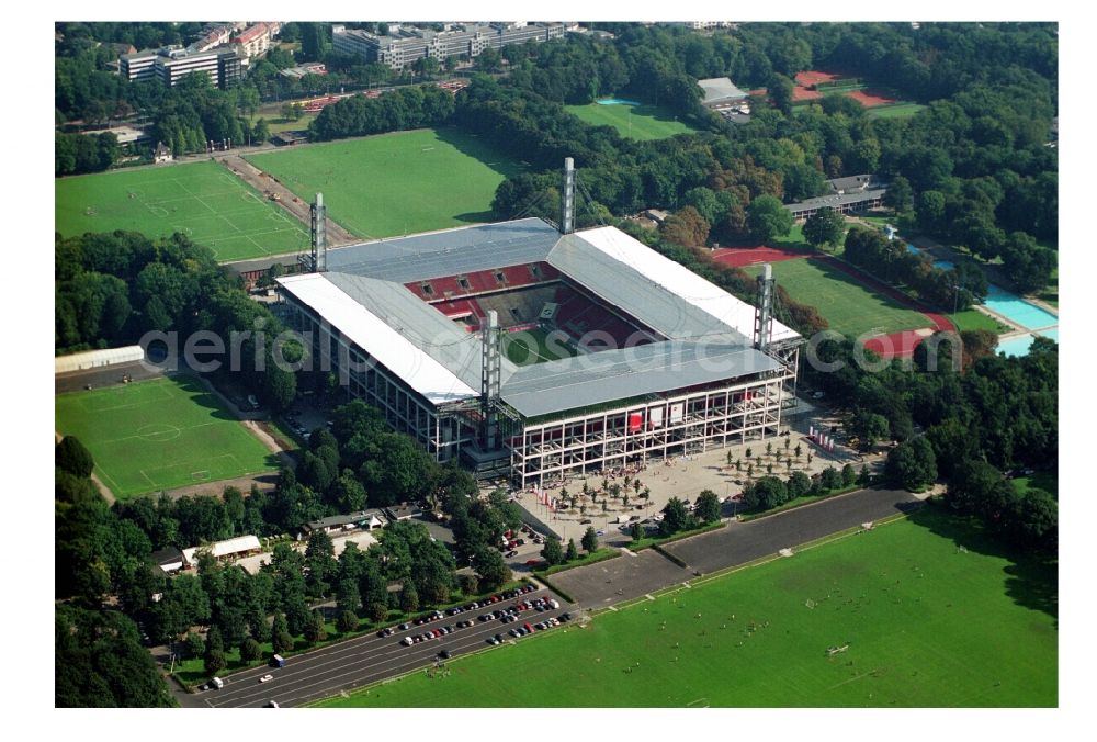 Aerial photograph Köln - View at the RheinEnergieStadium in the district Muengersdorf in Cologne in the federal state North Rhine-Westphalia. The RheinEnergieStadion is the home ground of the 1. FC Koeln. Owner is the Koelner Sportstaetten GmbH