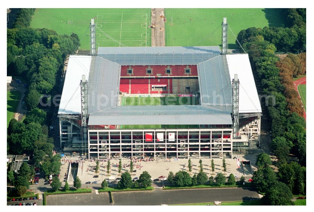 Köln from above - View at the RheinEnergieStadium in the district Muengersdorf in Cologne in the federal state North Rhine-Westphalia. The RheinEnergieStadion is the home ground of the 1. FC Koeln. Owner is the Koelner Sportstaetten GmbH