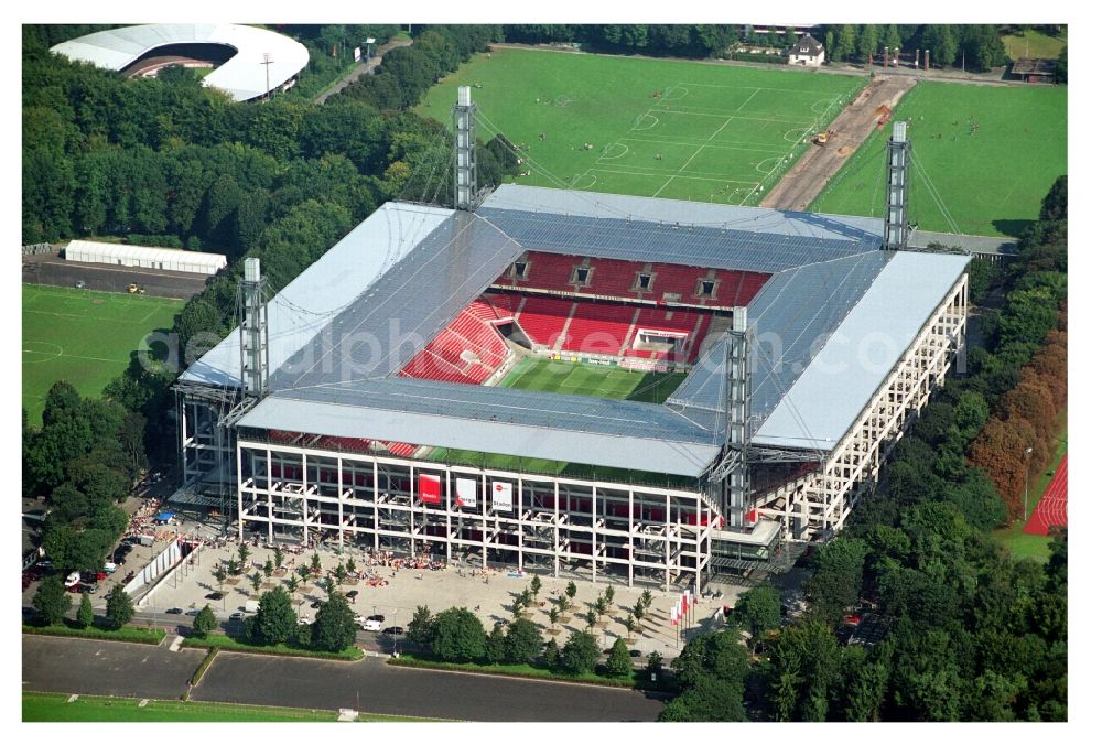 Köln from the bird's eye view: View at the RheinEnergieStadium in the district Muengersdorf in Cologne in the federal state North Rhine-Westphalia. The RheinEnergieStadion is the home ground of the 1. FC Koeln. Owner is the Koelner Sportstaetten GmbH