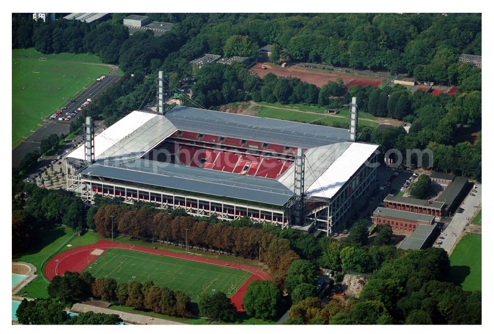 Aerial image Köln - View at the RheinEnergieStadium in the district Muengersdorf in Cologne in the federal state North Rhine-Westphalia. The RheinEnergieStadion is the home ground of the 1. FC Koeln. Owner is the Koelner Sportstaetten GmbH