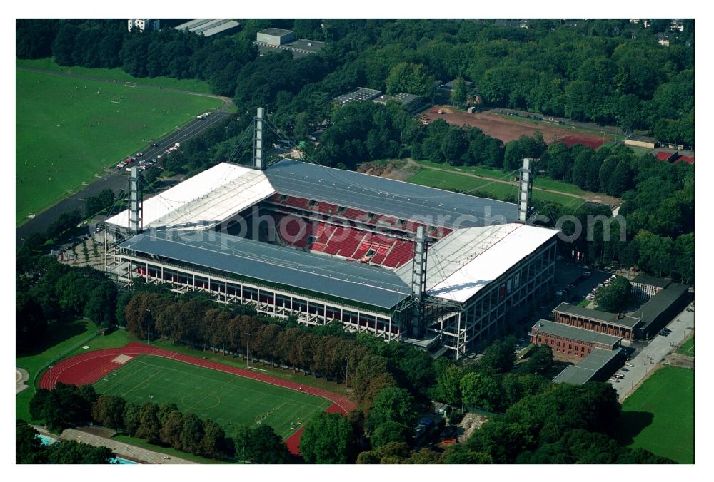 Aerial photograph Köln - View at the RheinEnergieStadium in the district Muengersdorf in Cologne in the federal state North Rhine-Westphalia. The RheinEnergieStadion is the home ground of the 1. FC Koeln. Owner is the Koelner Sportstaetten GmbH