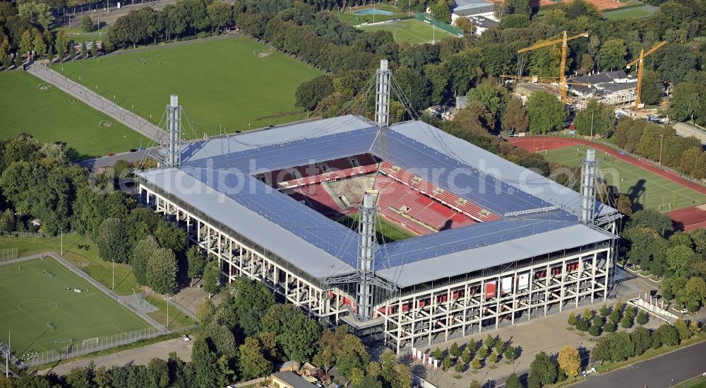 Aerial image Köln - RheinEnergieStadium in the district Muengersdorf in Cologne in the federal state North Rhine-Westphalia. The RheinEnergieStadion is the home ground of the 1. FC Koeln. Owner is the Koelner Sportstaetten GmbH