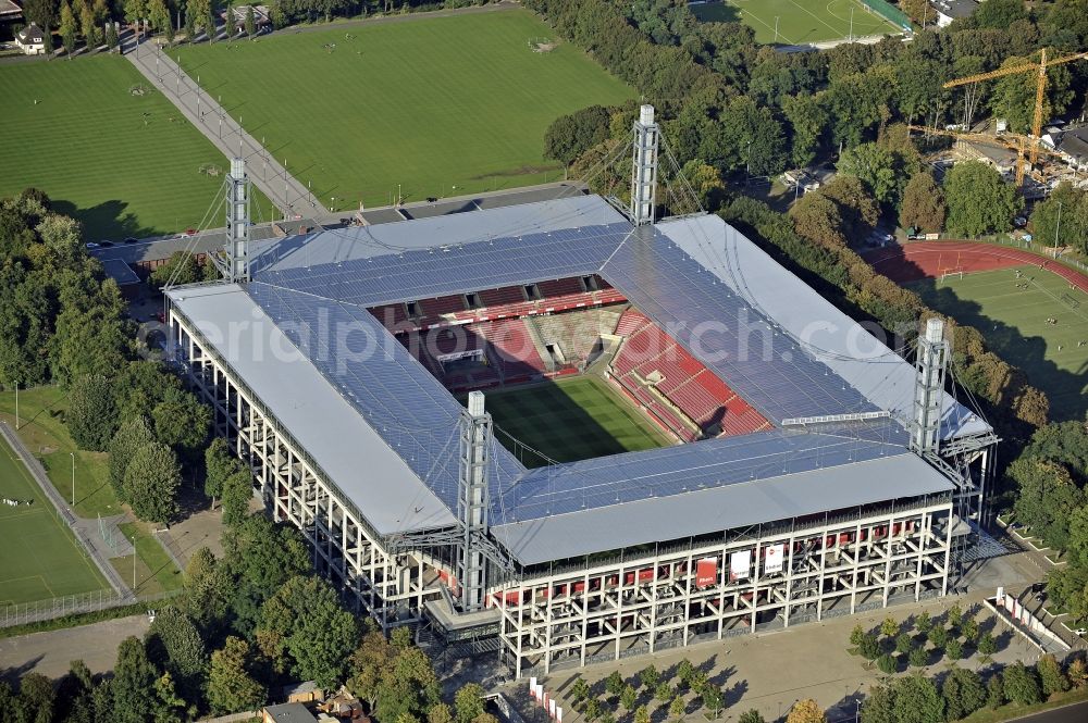 Aerial image Köln - RheinEnergieStadium in the district Muengersdorf in Cologne in the federal state North Rhine-Westphalia. The RheinEnergieStadion is the home ground of the 1. FC Koeln. Owner is the Koelner Sportstaetten GmbH