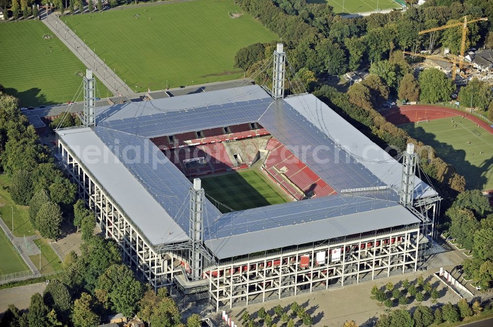 Aerial photograph Köln - RheinEnergieStadium in the district Muengersdorf in Cologne in the federal state North Rhine-Westphalia. The RheinEnergieStadion is the home ground of the 1. FC Koeln. Owner is the Koelner Sportstaetten GmbH