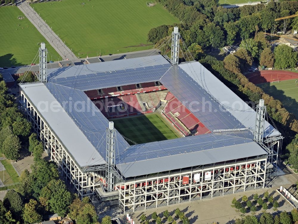 Köln from above - RheinEnergieStadium in the district Muengersdorf in Cologne in the federal state North Rhine-Westphalia. The RheinEnergieStadion is the home ground of the 1. FC Koeln. Owner is the Koelner Sportstaetten GmbH