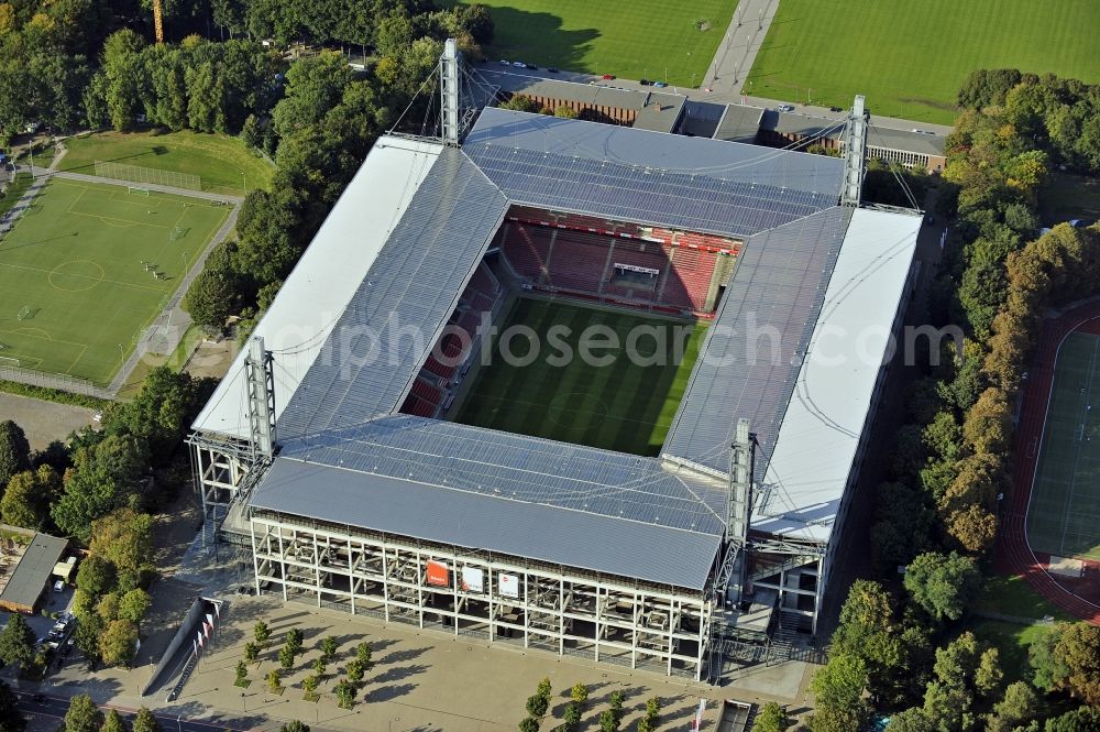 Aerial image Köln - RheinEnergieStadium in the district Muengersdorf in Cologne in the federal state North Rhine-Westphalia. The RheinEnergieStadion is the home ground of the 1. FC Koeln. Owner is the Koelner Sportstaetten GmbH