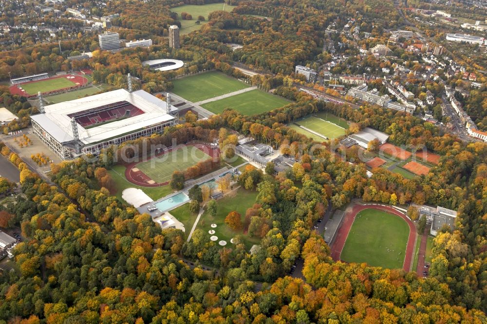 Aerial photograph Köln - View at the RheinEnergieStadium in the district Müngersdorf in Cologne in the federal state North Rhine-Westphalia. The RheinEnergieStadion is the home ground of the 1. FC Köln. Owner is the Kölner Sportstätten GmbH