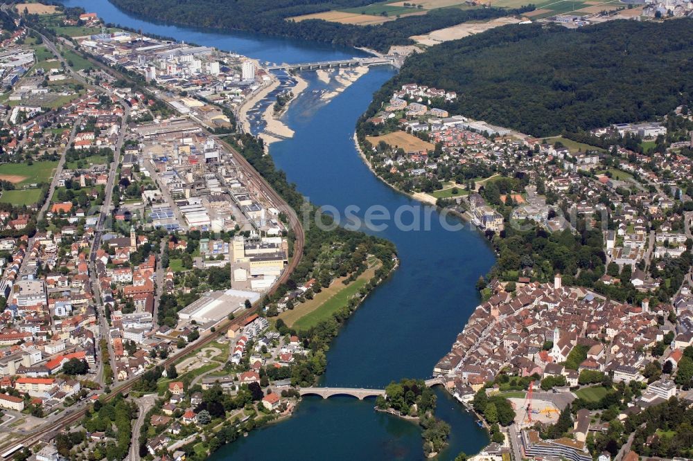 Rheinfelden (Baden) from above - The river Rhine is border and separates the Badische Rheinfelden (left) from the Swiss Rheinfelden with its historic Old Town