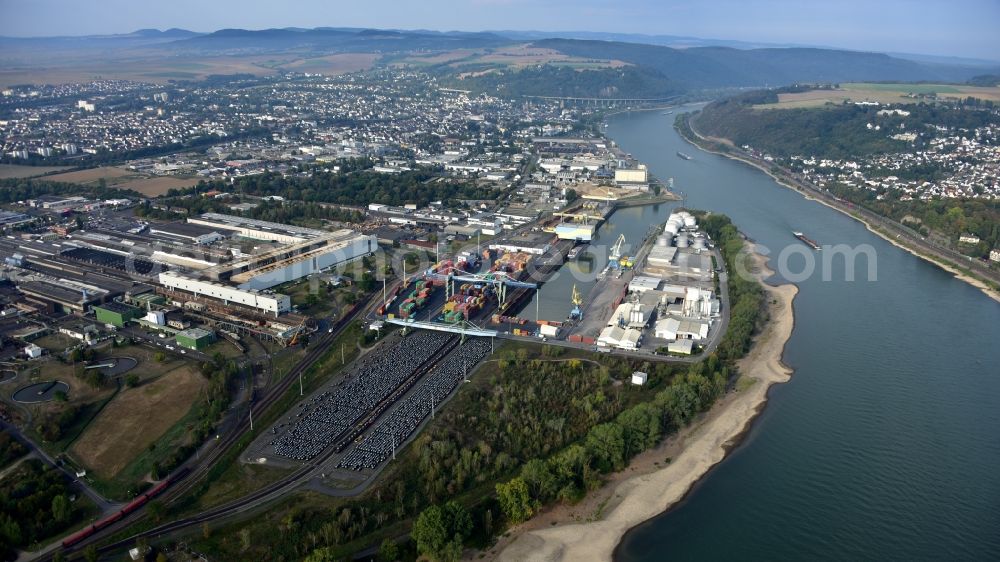 Aerial image Andernach - Rhine harbour of Andernach in the state of Rhineland-Palatinate, Germany. The harbour is an inland port on the Middle Rhine and consists of several cranes, a container dock and a wharf