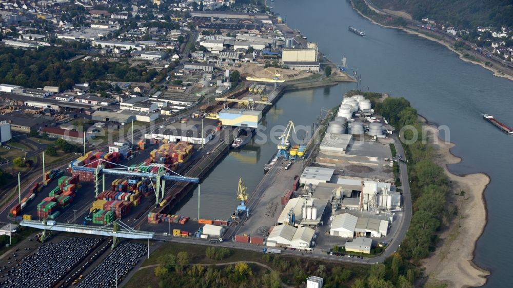 Aerial photograph Andernach - Rhine harbour of Andernach in the state of Rhineland-Palatinate, Germany. The harbour is an inland port on the Middle Rhine and consists of several cranes, a container dock and a wharf