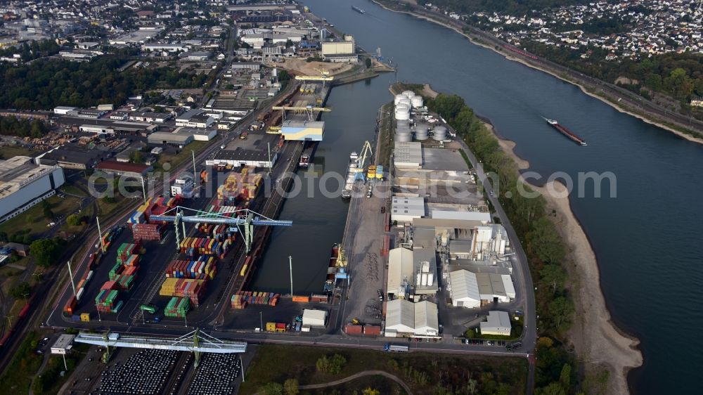 Andernach from above - Rhine harbour of Andernach in the state of Rhineland-Palatinate, Germany. The harbour is an inland port on the Middle Rhine and consists of several cranes, a container dock and a wharf