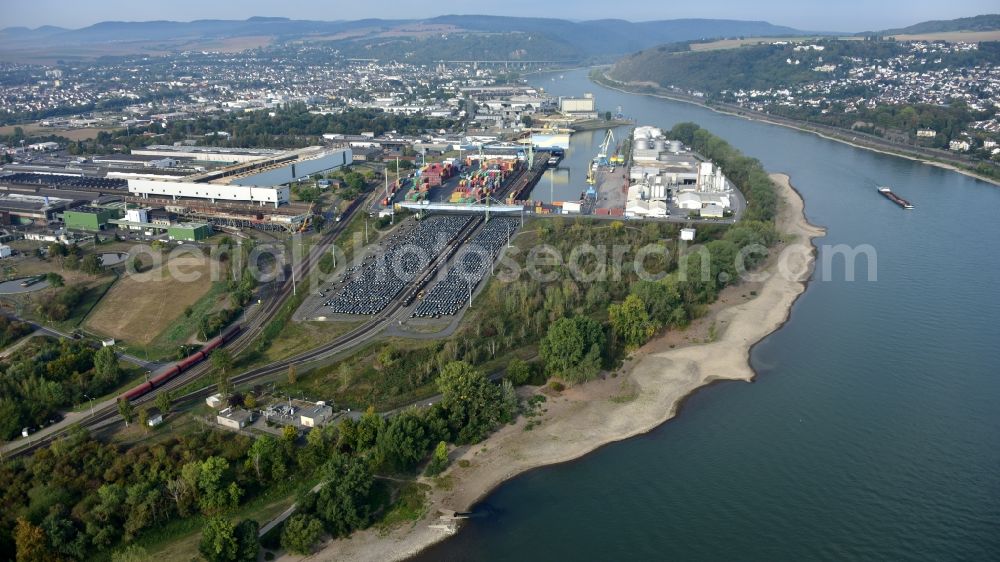 Andernach from the bird's eye view: Rhine harbour of Andernach in the state of Rhineland-Palatinate, Germany. The harbour is an inland port on the Middle Rhine and consists of several cranes, a container dock and a wharf