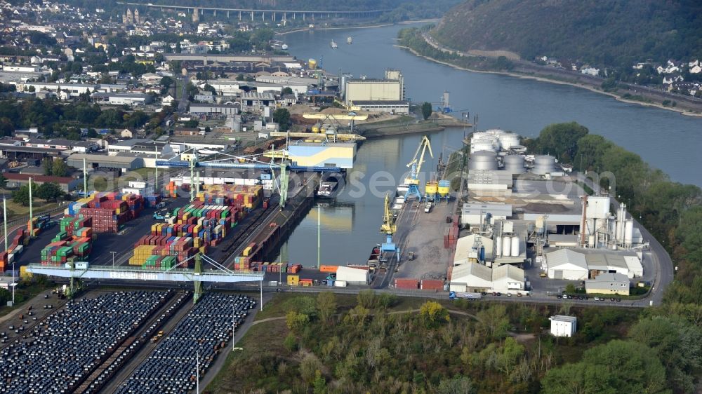 Aerial image Andernach - Rhine harbour of Andernach in the state of Rhineland-Palatinate, Germany. The harbour is an inland port on the Middle Rhine and consists of several cranes, a container dock and a wharf