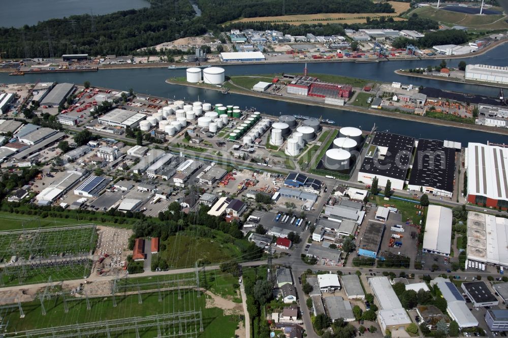 Karlsruhe from above - View of the harbor Rheinhafen, also called Stadthafen, on the middle Upper Rhine at Karlsruhe in Baden-Württemberg. Around the harbor lies a widespread industrial area