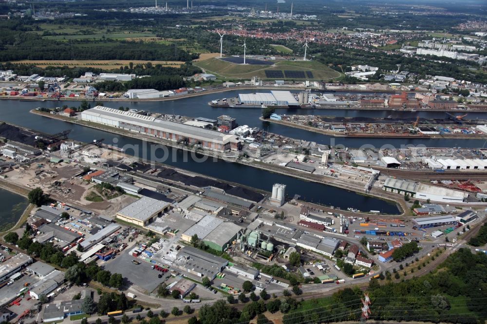 Aerial image Karlsruhe - View of the harbor Rheinhafen, also called Stadthafen, on the middle Upper Rhine at Karlsruhe in Baden-Württemberg. Around the harbor lies a widespread industrial area