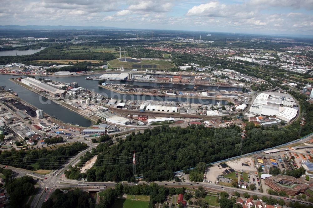 Karlsruhe from above - View of the harbor Rheinhafen, also called Stadthafen, on the middle Upper Rhine at Karlsruhe in Baden-Württemberg. Around the harbor lies a widespread industrial area